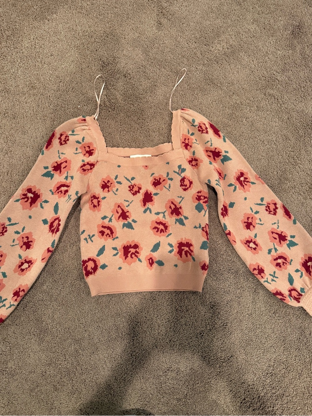 Floral Square-Neck Pink Knit Top